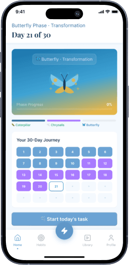 MentorHer Rising app showing day 21 of the Butterfly Challenge